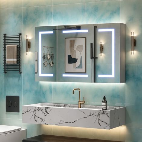 JOOKGBD–Armadio da bagno con specchio LED,sbrinatore,3 temperature di luce,dimmerabile,comando tattile,ripiani regolabili,metallo,100x60cm