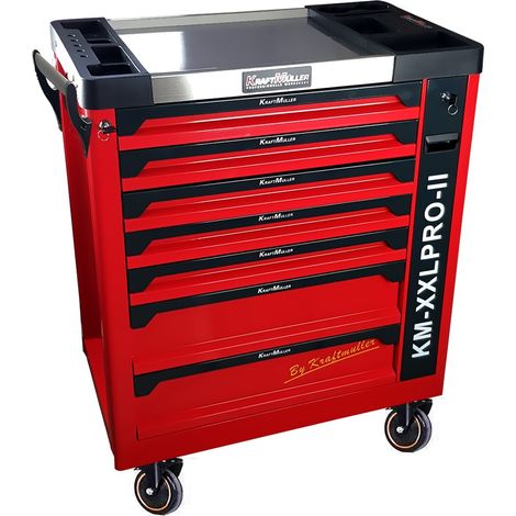 Servante d'atelier Kraft Muller KM-XXL PRO II TOOLS - 257 outils - Clé dynamo - 7 tiroirs, 1 coulissant, Roulettes, Black Red (1/5)