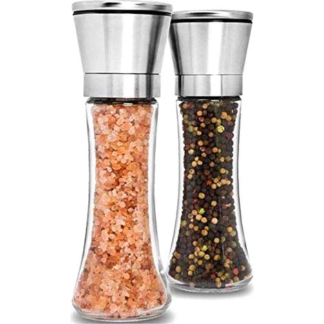 Moulin à Sel et Moulin à Poivre - Acier Inoxydable Brossé et Verre BPA Free - Réglage de la Mouture en Hauteur - Usage Cuisine - Lot de 2 (1/5)