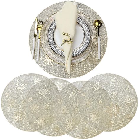 Set de Table Doré Noel, Dessous Assiette de Table Noel Rond, 4 Pièces sous Assiette de Table Lavable Set de Table Noël Dore Motif de Flocon de Neige pour Décoration de Table (1/5)