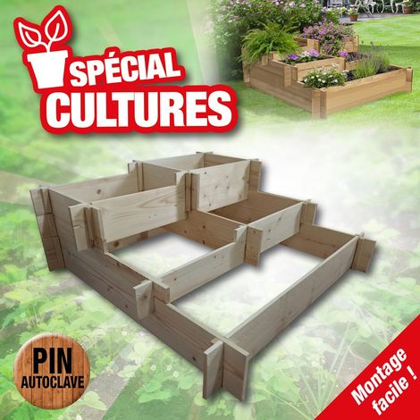 Carré potager en bois traité autoclave 5 niveaux – Dimensions 93x93x36cm – Volume 140L – Pour herbes et plantes décoratives – Outiror (1/4)