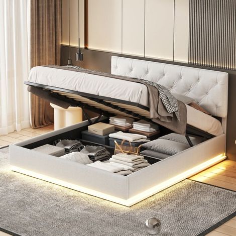 Bett 160x200 cm mit Lattenrost und Stauraum, Erwachsenenbett mit integrierten LEDs, verstellbares Kopfteil, Doppelbett, Beige Leinen