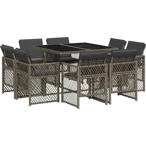 9 Piece Garden Dining Set with Cushions Grey Poly Rattan vidaXL (1/5)