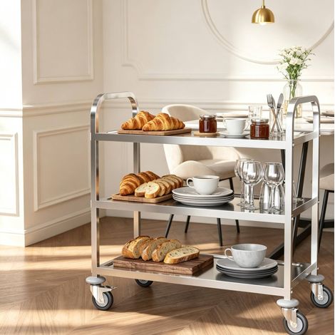Chariot de cuisine 90,5x50,5x88,2 cm en acier inoxydable argent, gain de place FloraGrace (1/5)