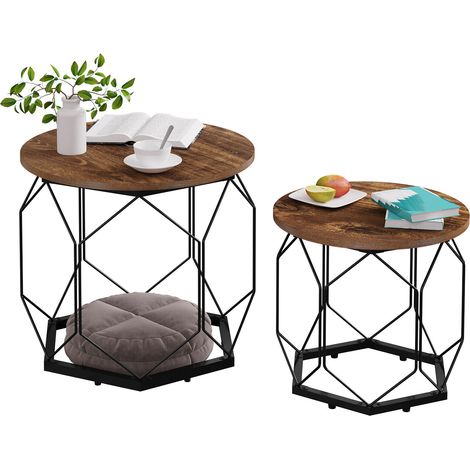 WOLTU Couchtisch 2er Set, Beistelltisch mit runder Tischplatte, Sofatisch mit hohlem Metallrahmen, Wohnzimmertisch mit Stauraum, aus Holzwerkstoff Metall, Holzoptik Vintage + Schwarz (1/5)