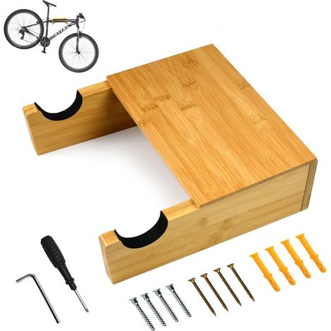 Support Mural en Bois pour Vélo, Porte-Vélos Mural, Crochet Mural Porte Vélo avec 4 Vis à Bois 50 7 mm + 4 Vis Murales + 4 Tubes d'Expansion Jaunes + 1 Clé Argentée + 1 Tournevis Cruciforme (1/5)
