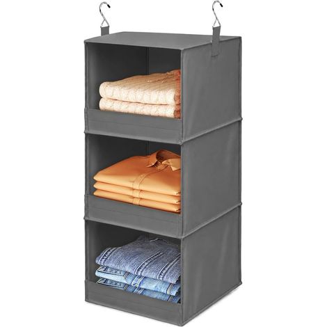 Dreistöckiges Hängeregal, Kleiderschrank-Organizer, Aufbewahrungsregal mit 2 stabilen Haken, faltbar, für Pullover, Schuhe, Schlafzimmer, Wohnmobil, Grau (1/4)