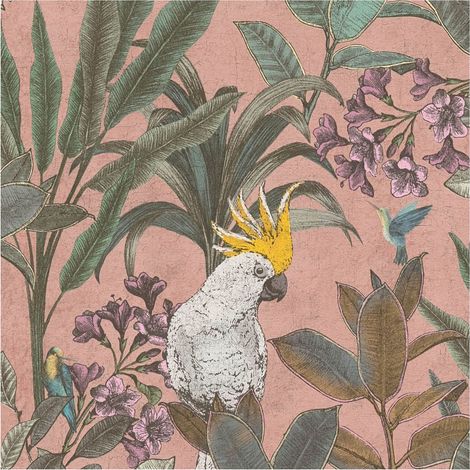 Birds wallpaper wall Profhome 397481 hot embossed non-woven wallpaper slightly textured with jungle elements matt pink green violet yellow 5.33 m2 (1/5)