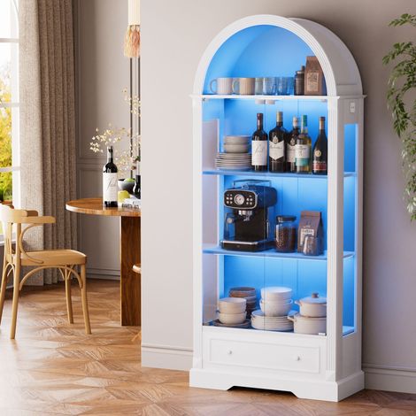 Vitrine Bibliothèque en Arche 180cm Vaisselier avec Porte en Verre LED Intelligent Détecteur de Mouvement Tiroir pour Salon Cuisine Salle à Manger - Blanc (1/5)