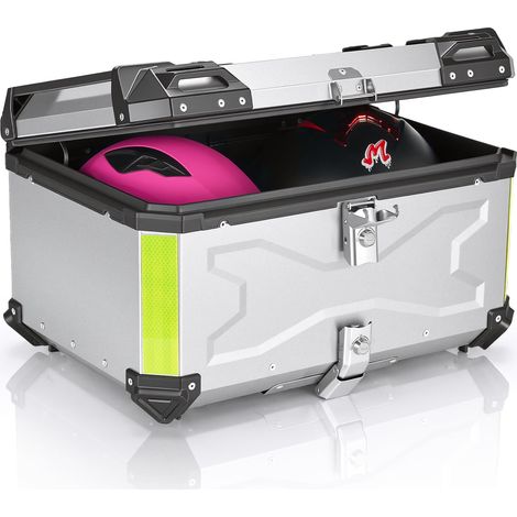 Case Universel pour Moto 65L Aluminium, avec Dossier et Serrure de Sécurité, Coffre de Rangement pour Casque de Moto Étanche, Support de Fixation Universel (Argent) (1/5)