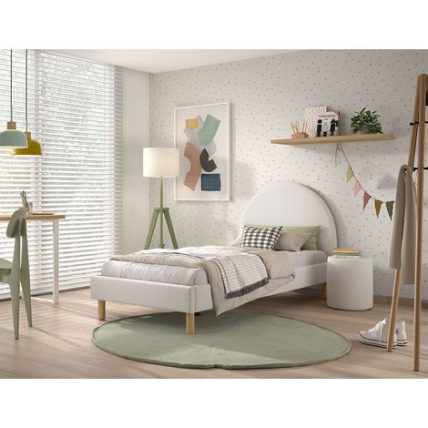 CONNIE - Pack Lit 90x200cm Tête Demi-Lune + Pouf Tissu Bouclé Blanc (1/4)