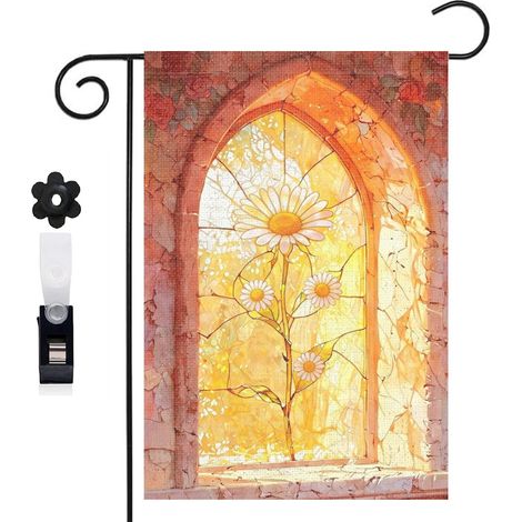 Drapeau de jardin style vitrail et rose rouge 30 x 45 cm décoration terrasse et extérieur (1/5)