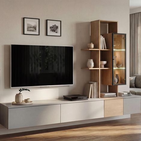 Ensemble Meuble TV Mural "Leo" 240cm Gris & Naturel