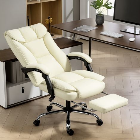 Sedia da ufficio ergonomica con poggiapiedi, rivestimento in similpelle, rotelle, girevole, in metallo, beige+nero