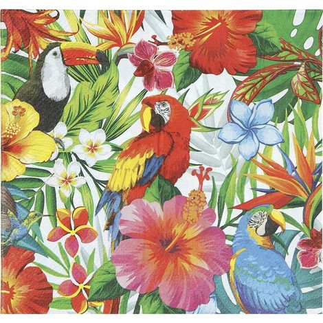 Tovaglioli con motivo foglie colorate, fiori e pappagalli, Hawaii, Aloha Holidays, 33x33 cm, 12 pezzi. (1/4)