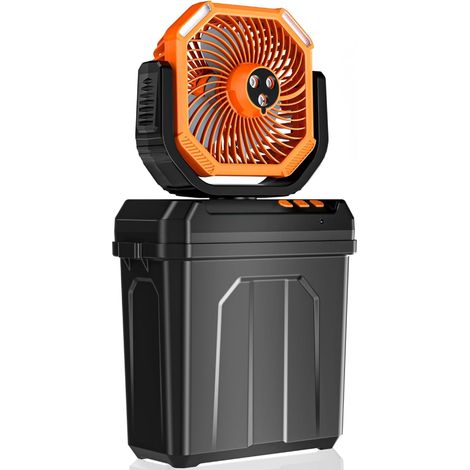Ventilador nebulizador portátil recargable para uso en exteriores, pulverizador de aire frío para acampar, cubo de 6 litros, 3 boquillas, negro y naranja. (1/5)