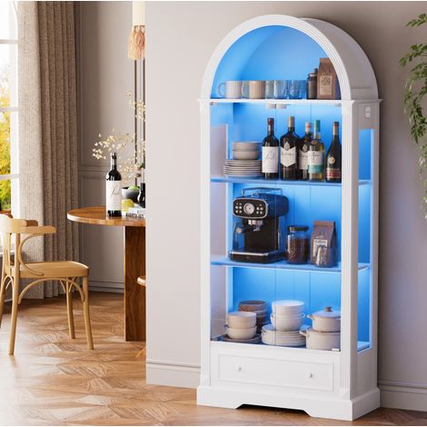 180 cm hohe Vitrine mit Bogendesign, Glastüren, LED und Schubladen, weiß HAVRYA