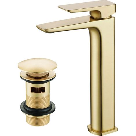 Astra Modern Countertop Brushed Brass Tall Square Basin Mono Mixer Tap + Waste