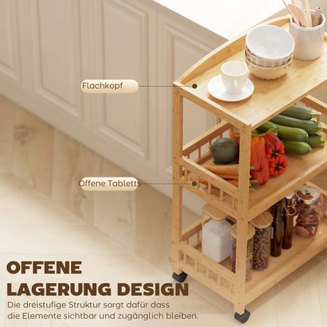 Chariot de cuisine 3 niveaux, desserte roulante avec espace de rangement, étagère mobile en bois naturel, pour cuisine, salle de bain, bureau (1/4)
