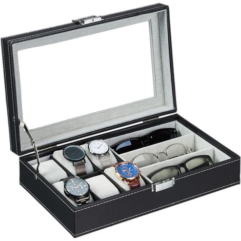 Relaxdays Jewellery Box, Leather Look, Storage for Bracelets, Glasses & Watches, Organiser, HWD: 9 x 33 x 20.5 cm, Black