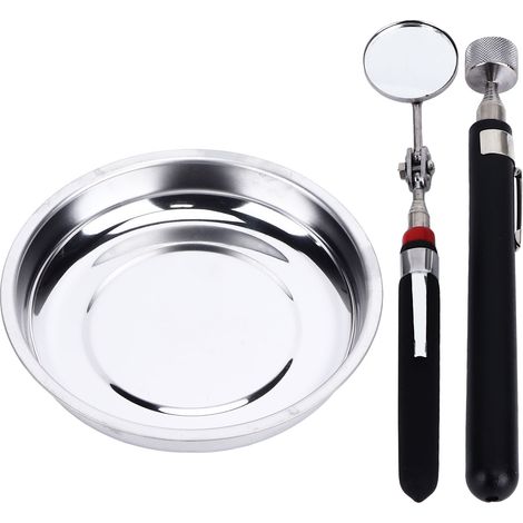 Lot de 2 Plats Magnétiques Ronds en Acier Inoxydable avec Outil de Ramassage et Miroir Télescopique pour Atelier (1/5)