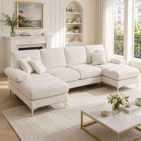 Canapé d'angle moderne en chenille en forme de U avec deux sièges inclinables, beige (1/5)