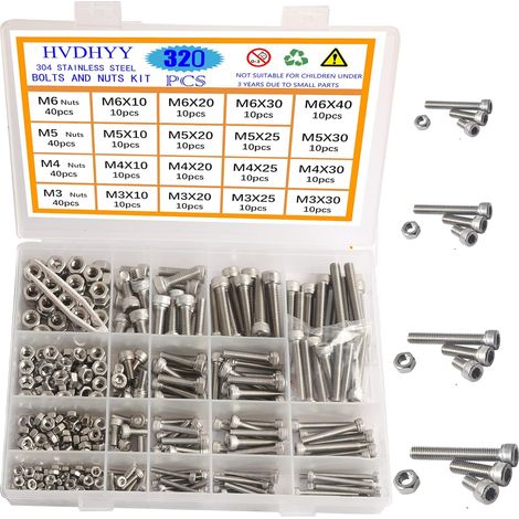 320pcs Vis, Acier Inoxydable A2-70, Tête Cylindrique Six Pans Creux, Écrous Assortis M3 M4 M5 M6, Kit Rangement