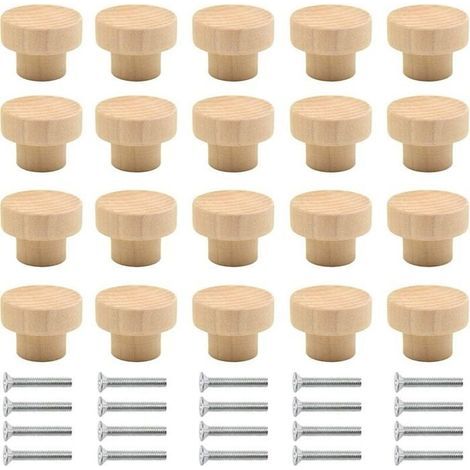 Lot de 20 poignées de placard en bois naturel rond pour placard, porte, tiroir, armoire, dressing, cuisine, etc. (couleur bois) - B (1/5)