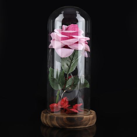 Rose éternelle illuminée par LED avec couvercle en verre et socle en bois - Cadeau idéal pour la Saint-Valentin ou un mariage - Rose (1/5)