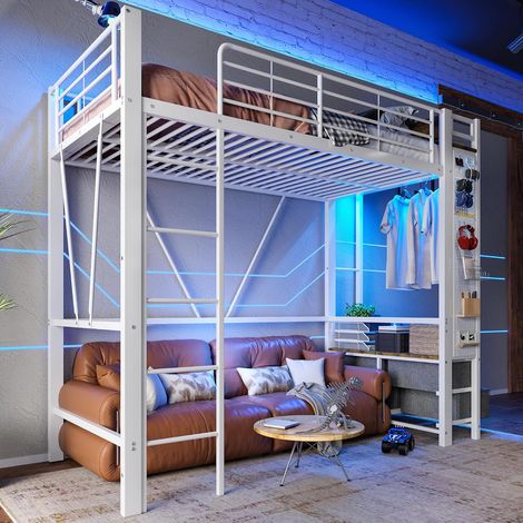 90 x 200 cm Hochbett – Dekoratives Bett mit Schreibtisch und Stauraum – Metall und MDF – Matratze nicht enthalten – Weiß (1/5)