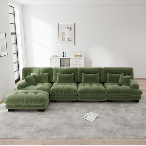 Divano modulare verde in chenille con ottomana mobile e design cloud (1/5)