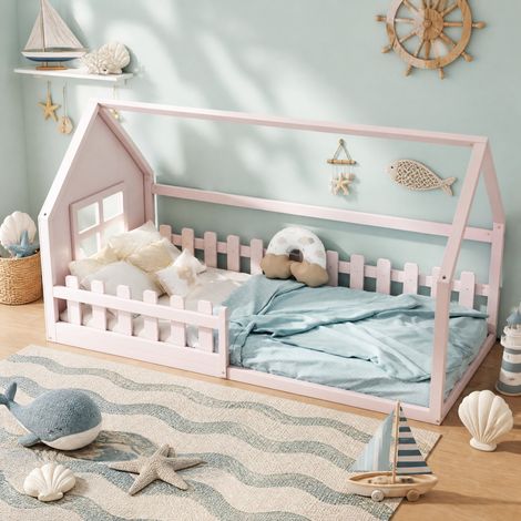 MEUBLIV Kinderbettgestell 90x200 cm Rosa – Hausrahmen mit Rausfallschutz, ohne Matratze (1/5)