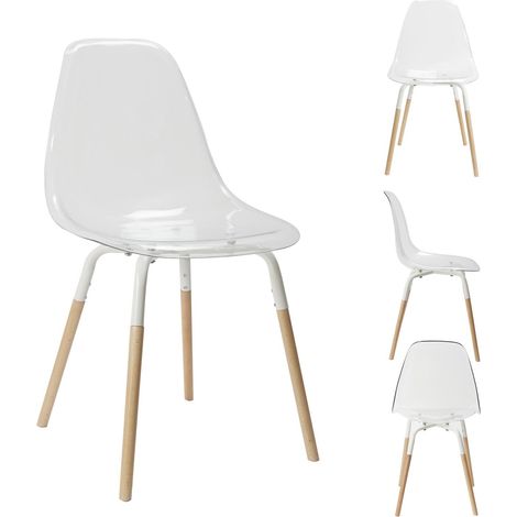 The Home Deco Factory – Lot de 4 chaises scandinaves transparentes blanches – Structure en bois brut – Confort optimal – Design épuré pour salon (1/5)