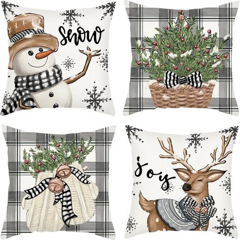 Juego de 4 fundas de almohada navideñas, 45 x 45 cm, con motivos de renos y muñecos de nieve, fundas de almohada decorativas de invierno. (1/5)