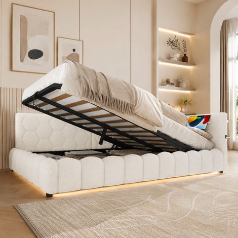 MEUBLIV Lit 140x200 cm blanc – rangement hydraulique, LED, USB-C, sans matelas (1/5)
