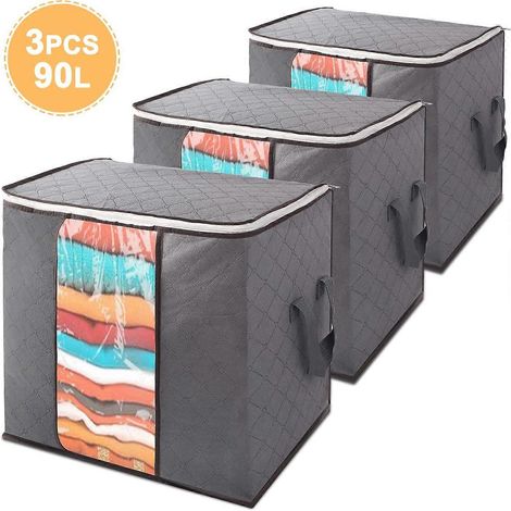 Grand sac de rangement de 90 L pour vêtements, avec fermeture éclair, en tissu épais et respirant, pliable et se range sous le lit. (1/3)