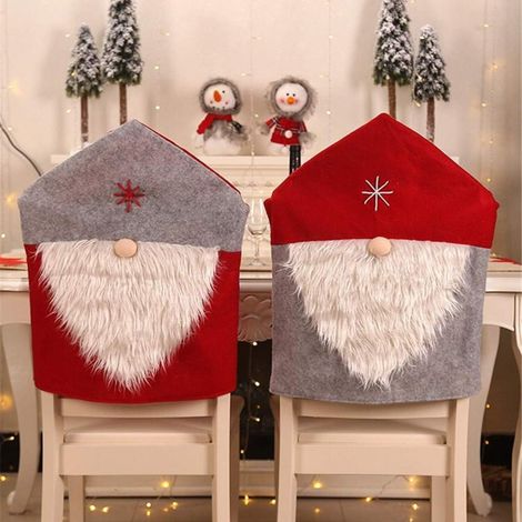 Lot de 2 housses de chaise de cuisine inspirées du Père Noël - Housses de dossier rouges et grises avec motif de barbe de Père Noël pour la décoration des fêtes de fin d'année, de la cuisine et de la (1/5)
