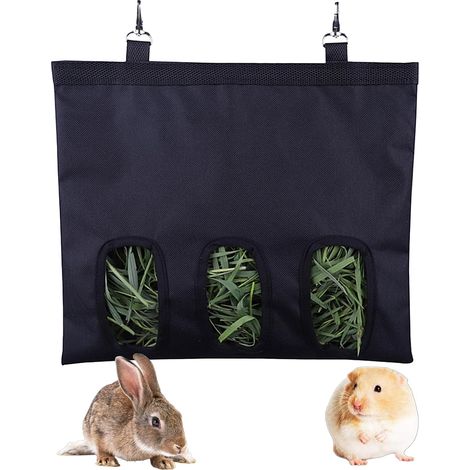 Heuraufe für Kaninchen und Meerschweinchen, Aufbewahrungsbeutel, waschbar, automatische Aufhängung, praktischer Spender für Kleintiere wie Kaninchen, Chinchillas und Hamster (3 Öffnungen) (1/5)