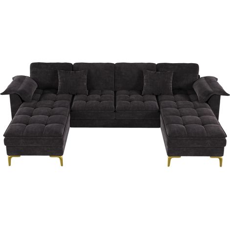 U-Ecksofa für 4 Personen aus schwarzem Chenille mit 2 Chaiselongues und Kissen (1/5)
