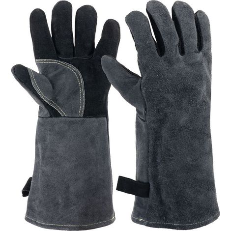 Gants de protection thermique en cuir pour barbecue, 40 cm, pour feu, soudure, cheminée, four, cuisine, poêle à frire (1/5)