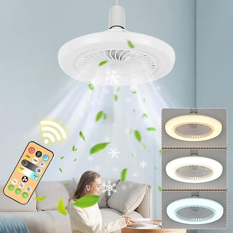Ecleanfy - Ventilateur de plafond avec éclairage pour chambre - Culot E27, 3 couleurs, ventilateur de plafond fermé avec télécommande, contrôle intelligent, intensité variable pour protéger les yeux (1/3)