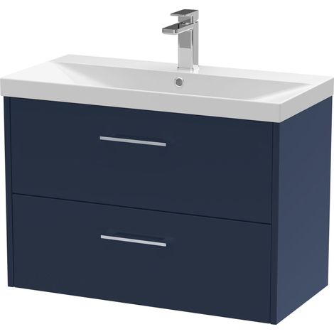 Winshill Contemporary 2 Drawer Wall Hung Vanity Unit with Thin Edge Basin, Dark Blue, 800mm
