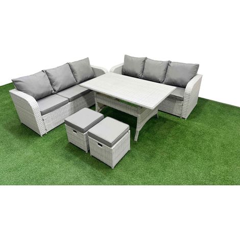 Fimous Outdoor Garden Furniture Sets 8 Seater Wicker Rattan Furniture Sofa Sets with Rectangular Dining Table high Back Lounge Sofa Stools Light Grey (1/4)
