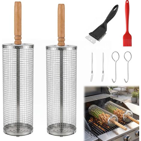Panier À Griller Roulant - Lot De 2 - Acier Inoxydable 304 - Poignée Amovible - Pour Viande Légumes Poisson - Camping Jardin (1/5)