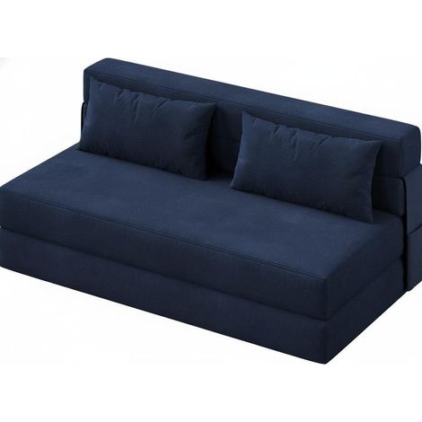 Canapé Lit Rabattable Gain de Place, 80" Futon Convertible avec Coussin, Matelas Pliable, Tissu Lin Moderne Bleu Foncé (1/5)