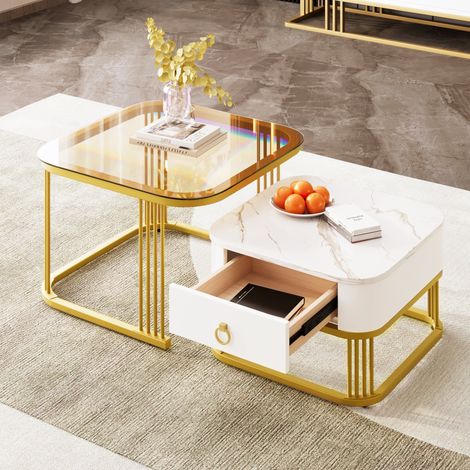 Lot de 2 tables basses gigognes en MDF blanc brillant, plateaux aspect marbre et verre brun, cadre métal doré, petite table avec tiroir FLORAGRACE (1/5)