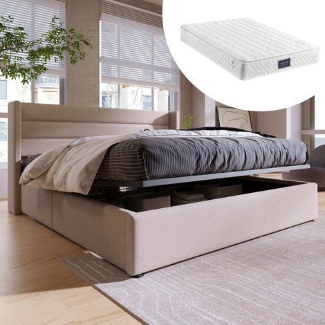 Lit coffre 160x200 avec matelas en lin beige HAVRYA (1/5)