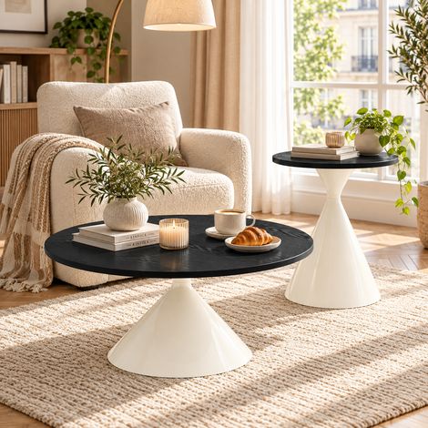 2er-SetCouchtisch&BeistelltischinschwarzerHolzoptik–RundeTische70/50cm,Melamin-Tischplatte,weißesStahlgestell,fürWohnzimmer,Schlafzimmer&Lounge (1/5)