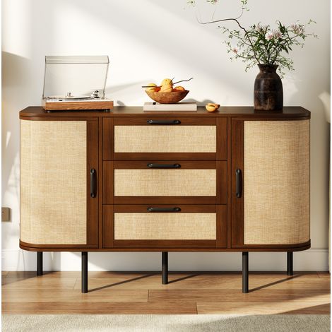 Aparador con esquinas redondeadas, 120x40x82 cm, 2 puertas abatibles y 3 cajones, estantes regulables, MDF, nogal (1/5)