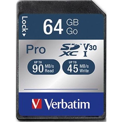 Tarjeta de memoria SDXC Verbatim Pro U3 de 64 GB (90/45 MB/s) Clase 10 UHS-1 V30 (1/5)